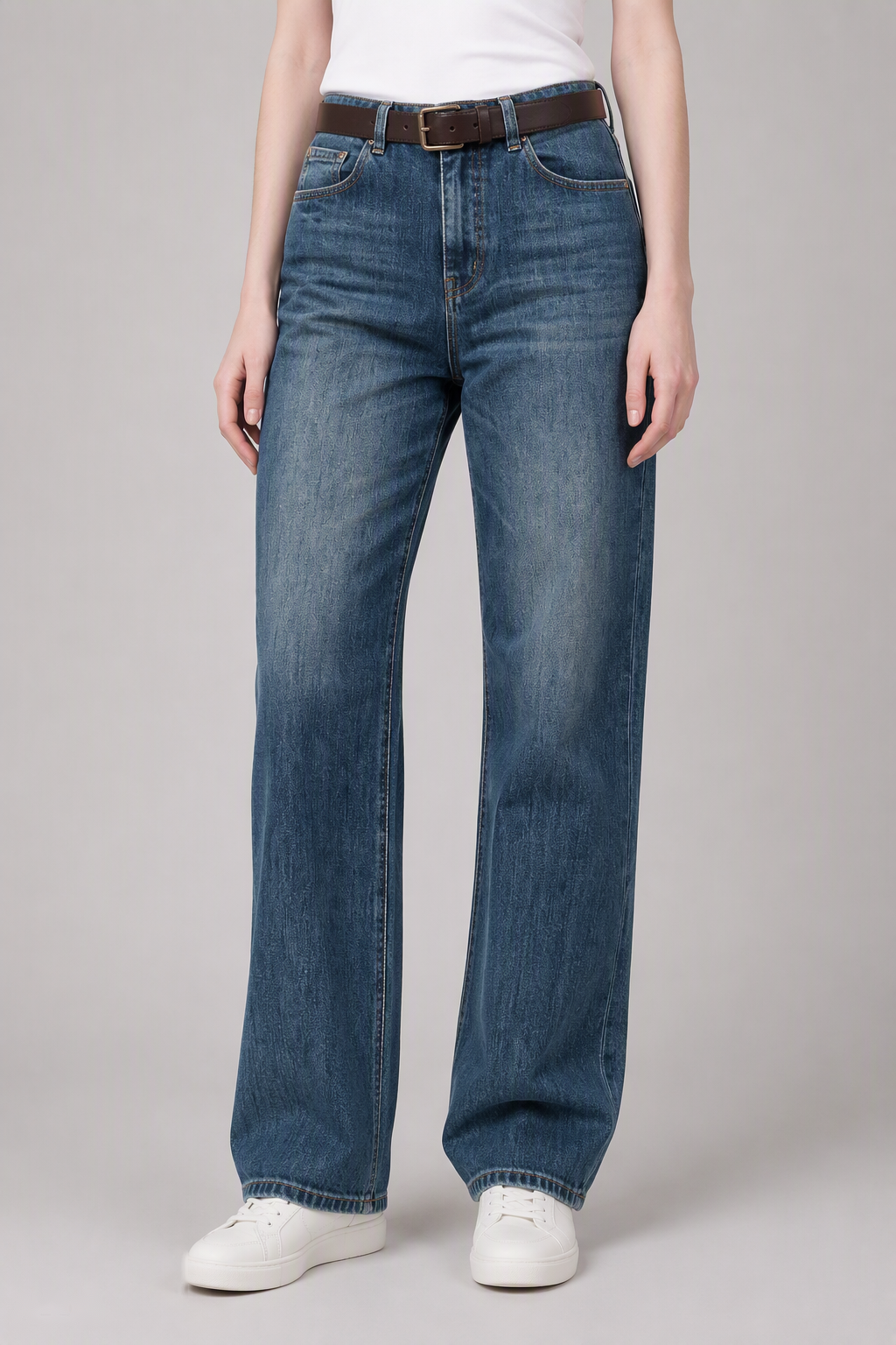Model front view — Whiskered Straight-Leg Jeans in Mid Blue (Style QY88276)