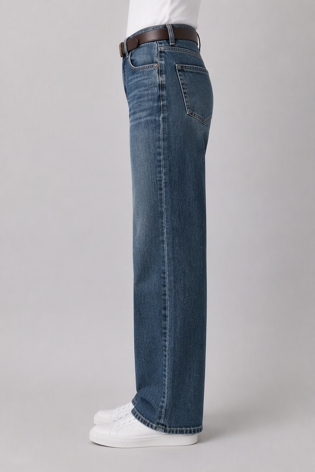 Model side view — Whiskered Straight-Leg Jeans in Mid Blue (Style QY88276)