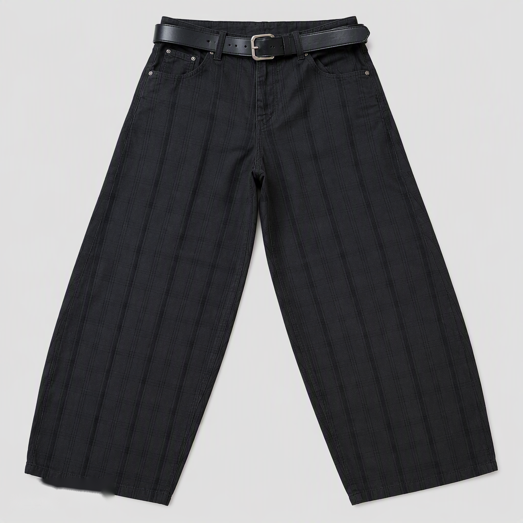 Flat-lay product view — Plaid Curved Jeans in Dark Green (Style QY88333)