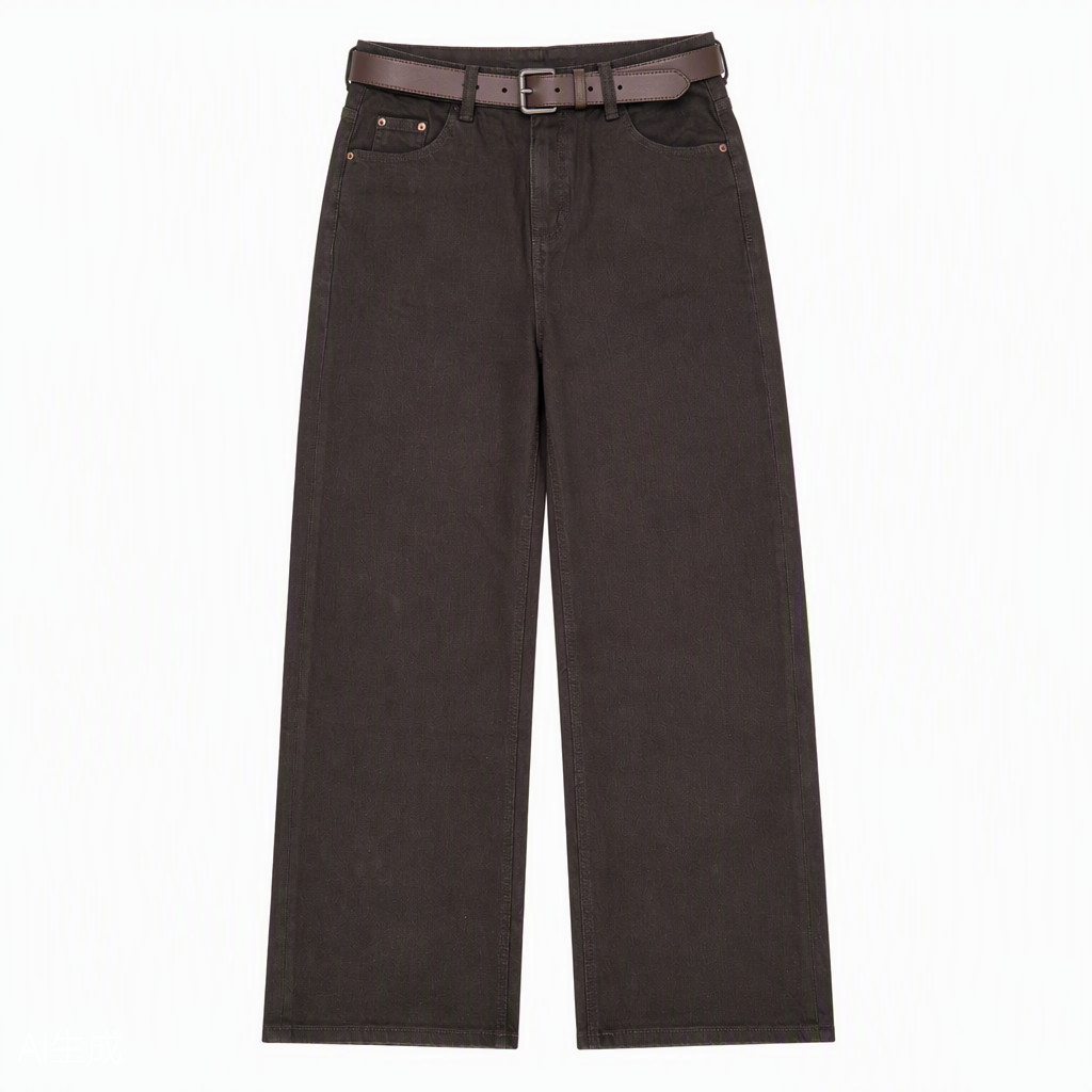 Flat-lay product photo — Copper-Detail Straight-Leg Jeans in Dark Brown (Style QY88235-1)