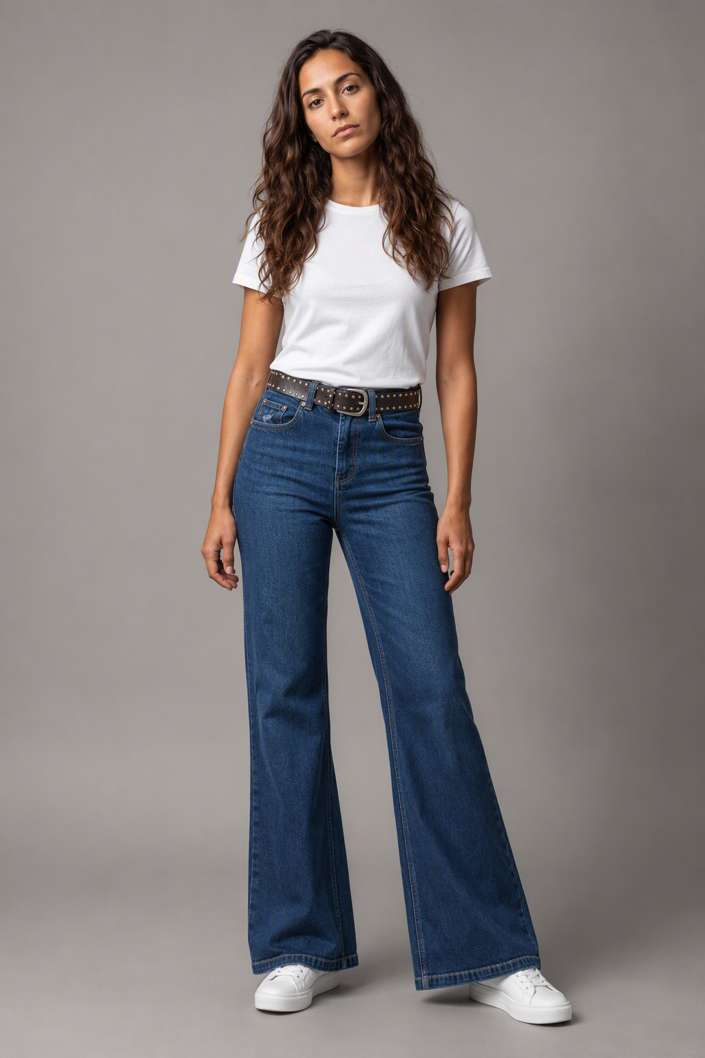 Model full-body view — Classic Bootcut Jeans in Mid Blue (Style QY88309)