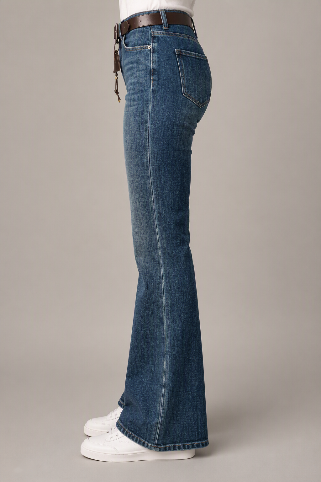 Model side view — Heavy-Wash Bootcut Jeans in Vintage Blue (Style QY88252)