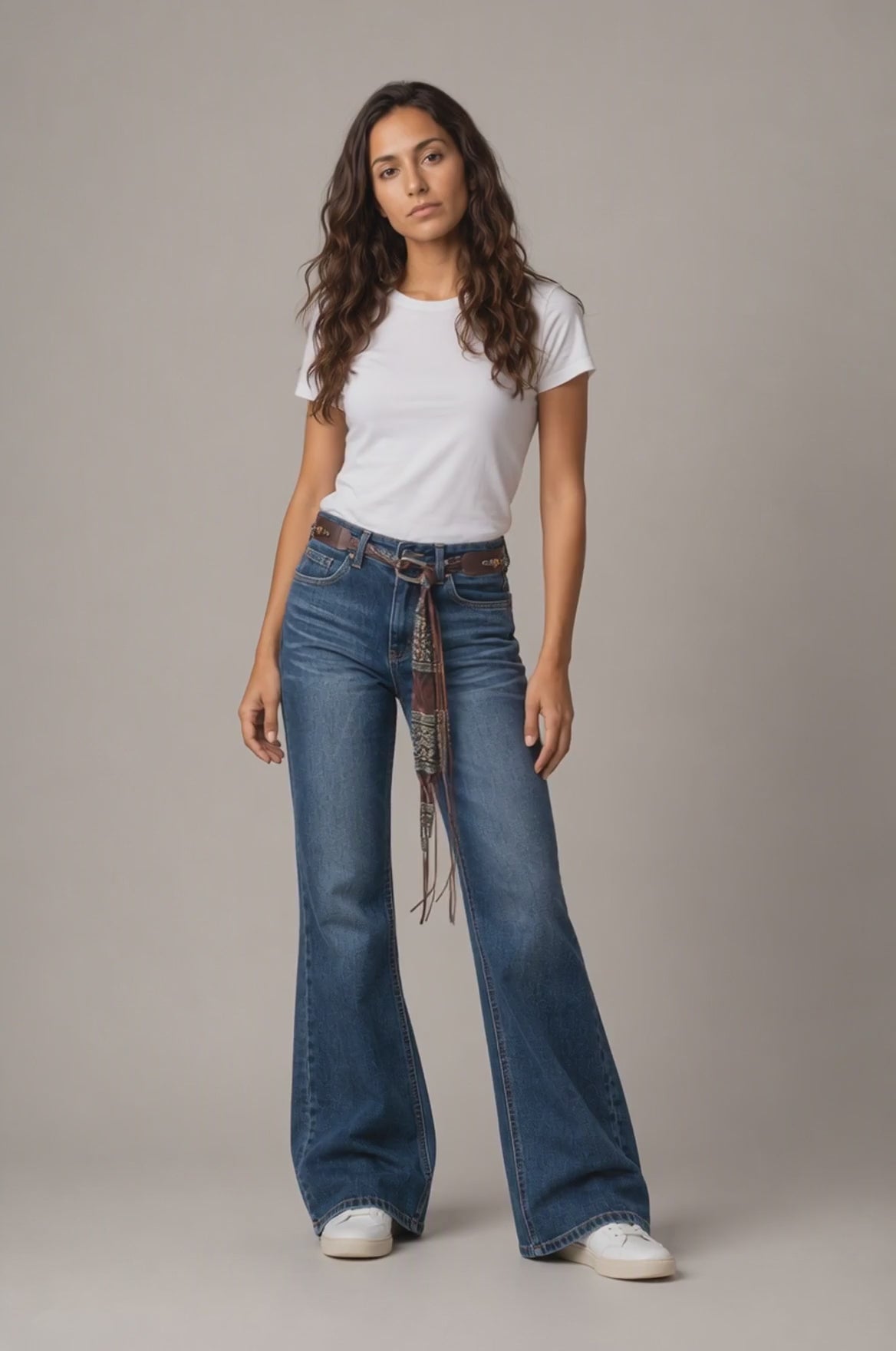 Model wearing Whiskered Bootcut Jeans in Mid Blue, walking and turning to show the bootcut fit and whiskered wash detailing.