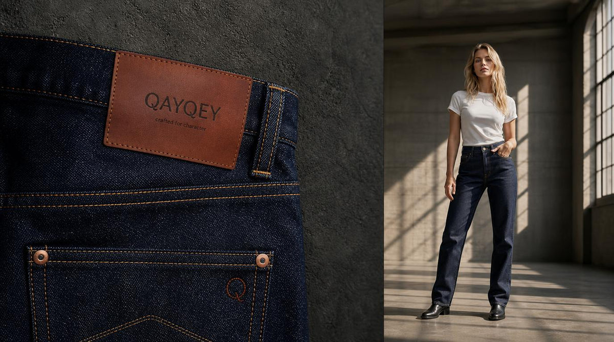 QAYQEY premium selvedge denim jeans detail with brown leather patch, and a European female model wearing high-waist straight-leg jeans in a modern industrial space.