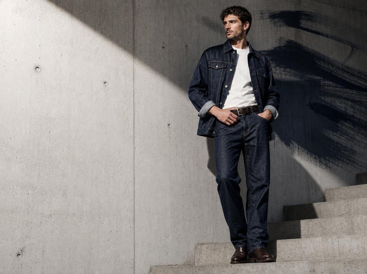 QAYQEY men's modern denim collection, European male model wearing dark indigo denim jacket and straight-leg jeans with white t-shirt, standing on concrete steps with ink wash shadow, matching the women's campaign.