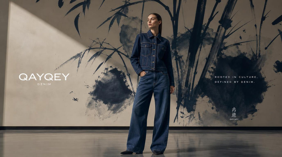 QAYQEY Oriental Spirit modern denim designer brand, elegant female model wearing dark blue denim jacket and wide-leg jeans in front of a huge ink-wash bamboo painting.