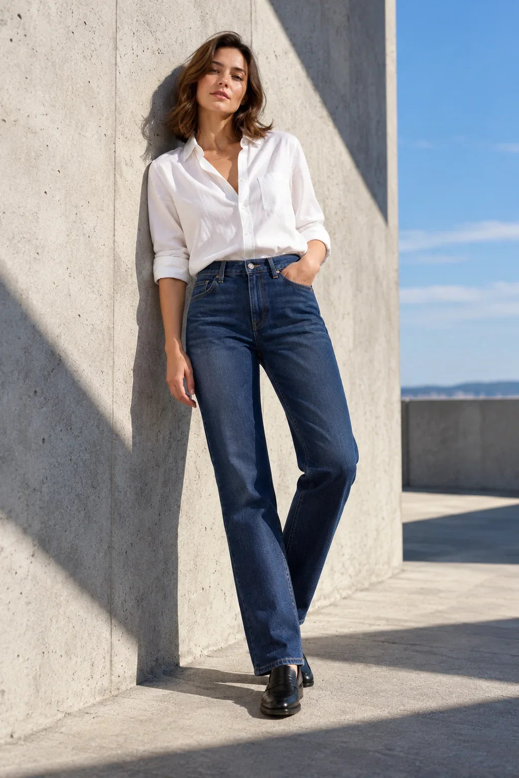 Woman styling dark indigo straight-leg jeans with a white shirt beside a concrete column.