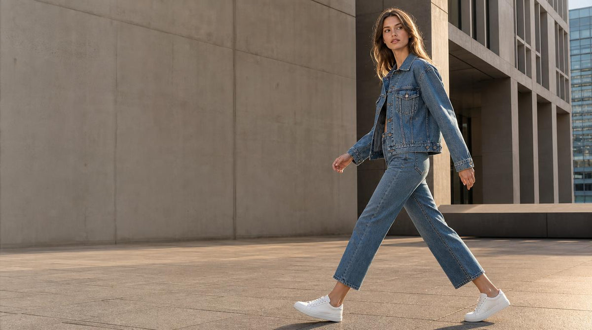 QAYQEY modern denim collection for women, European model walking in city plaza wearing a light blue denim jacket and jeans outfit with white sneakers.