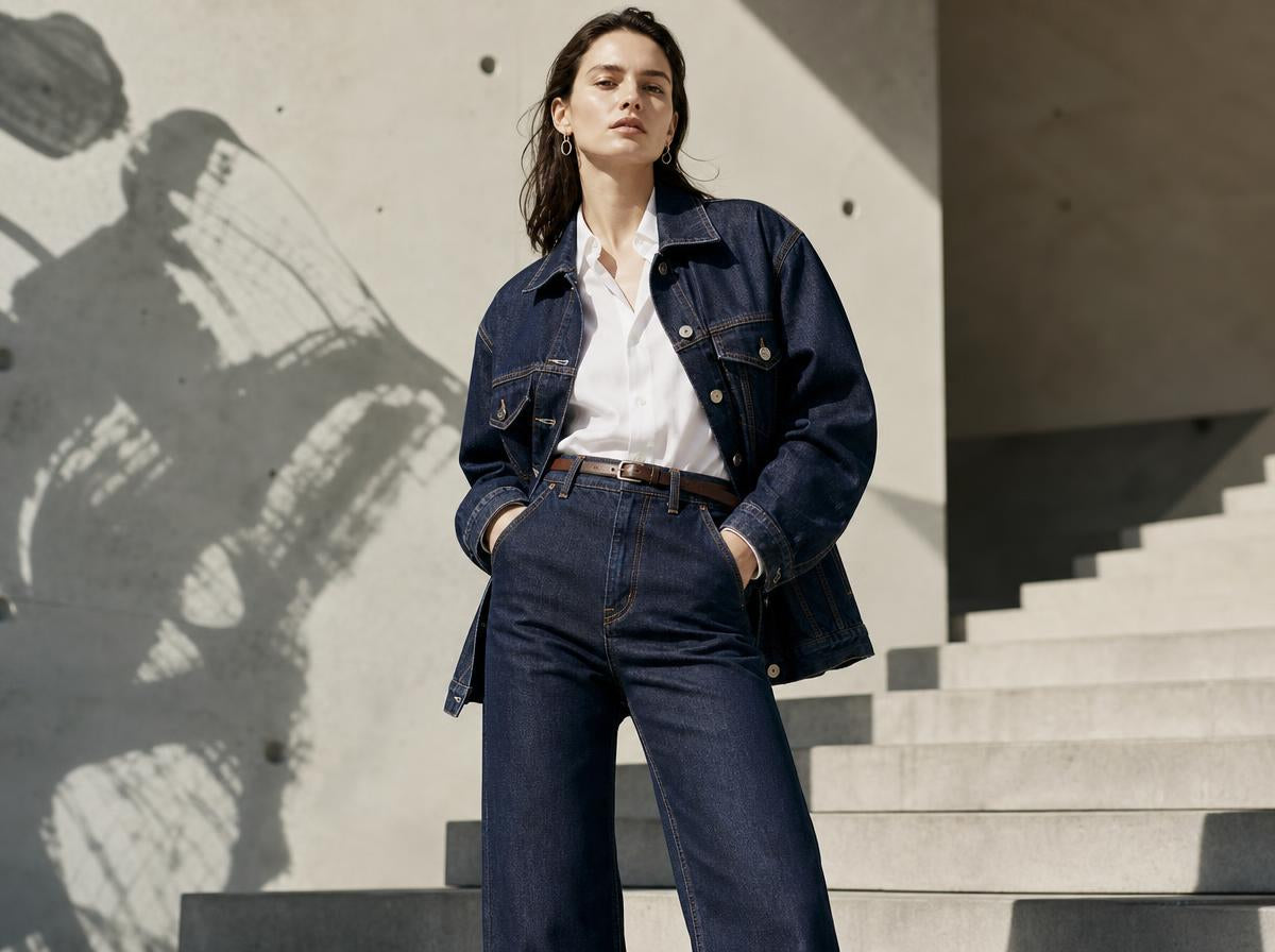 QAYQEY women's modern denim collection, European female model wearing oversized indigo denim jacket and high-waist straight jeans with white shirt, standing on concrete steps with East-meets-West ink wash background.